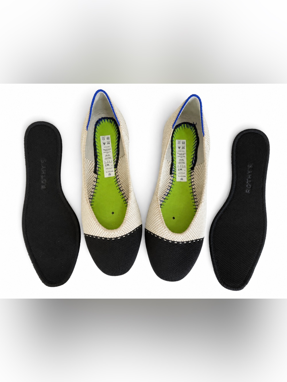Rothy’s The Flat Cap Toe Black Beige Knit Ballet Flats Women’s Size 7